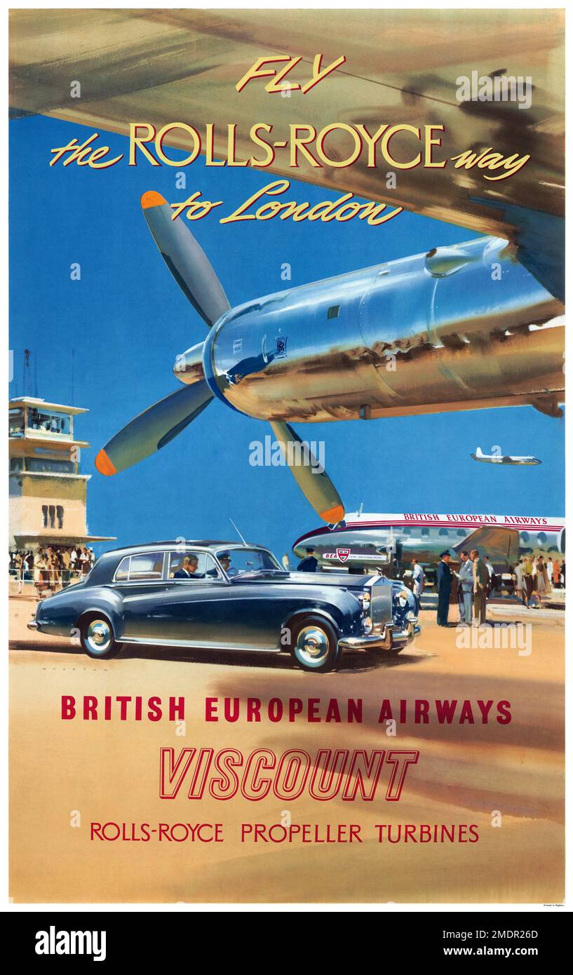 Fliegen Sie auf dem Rolls Royce Way mit Frank Wootton (1914-1998) nach London. Poster wurde 1953 in Großbritannien veröffentlicht. Stockfoto