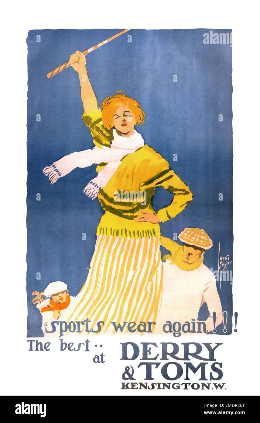Wieder Sportbekleidung! Das Beste in Derry & Toms, Kensington W. von Laurie Tayler (1873-1972). Poster wurde etwa 1910 im Vereinigten Königreich veröffentlicht. Stockfoto