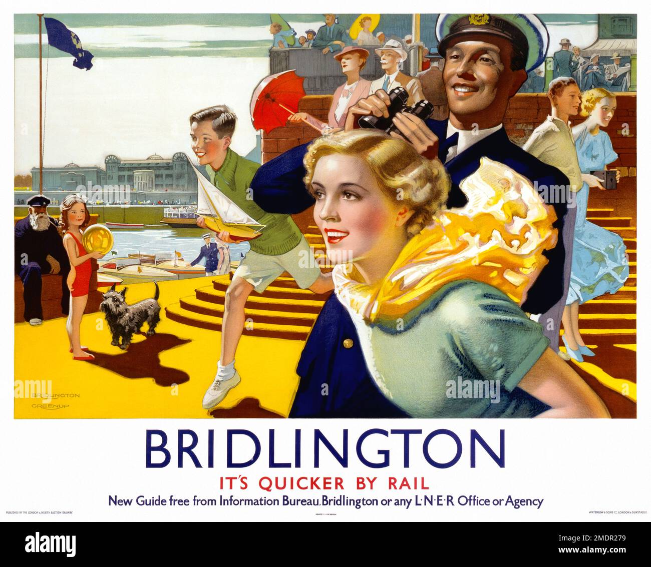Bridlington. Es ist Quicker by Rail von Joseph Greenup (1891-1946). Poster wurde 1936 in Großbritannien veröffentlicht. Stockfoto