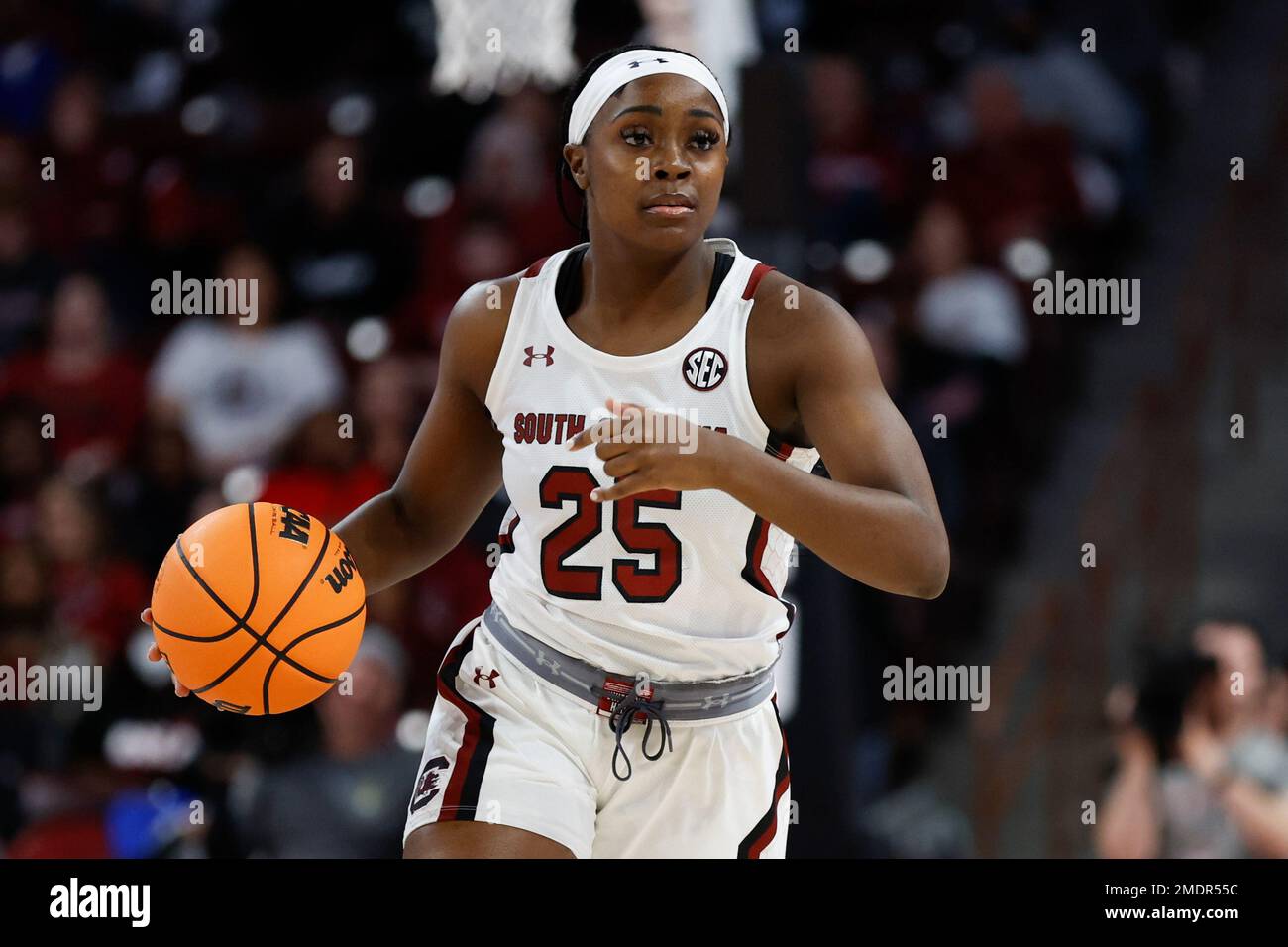 South Carolina guard Raven Johnson brings the ball up court against