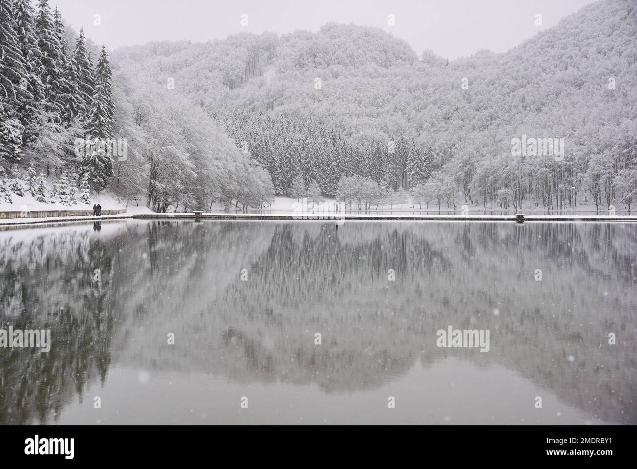 Blick auf den Balkana-See und die Umgebung mit Schnee bedeckt. Der Balkana-See liegt am Fuße des Berges Lisina, etwa 700 Meter über dem Meeresspiegel, umgeben von Weiden, Eichen und Nadelwäldern, und liegt etwa fünf Kilometer westlich von Mrkonjic Grad. Der beliebteste Ort ist ein Picknick in diesem Teil von Bosnien und Herzegowina. Es besteht aus zwei künstlichen Seen (groß und klein), die durch die Dämmung des Quellwassers der Crna Rijeka geschaffen wurden und eine Fläche von etwa 56.000 Quadratmetern in Bosnien und Herzegowina am 23. Januar 2023 abdecken. Foto: Dejan Rakita/PIXSELL Stockfoto