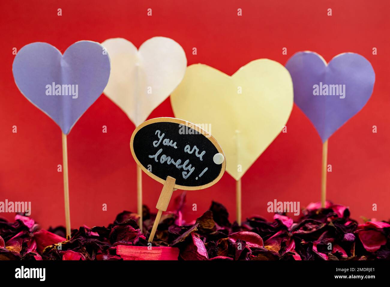 Liebesbotschaft auf einer runden Tafel zwischen mehreren Papierherzen mit Holzschwänzen auf rotem Hintergrund. Stockfoto