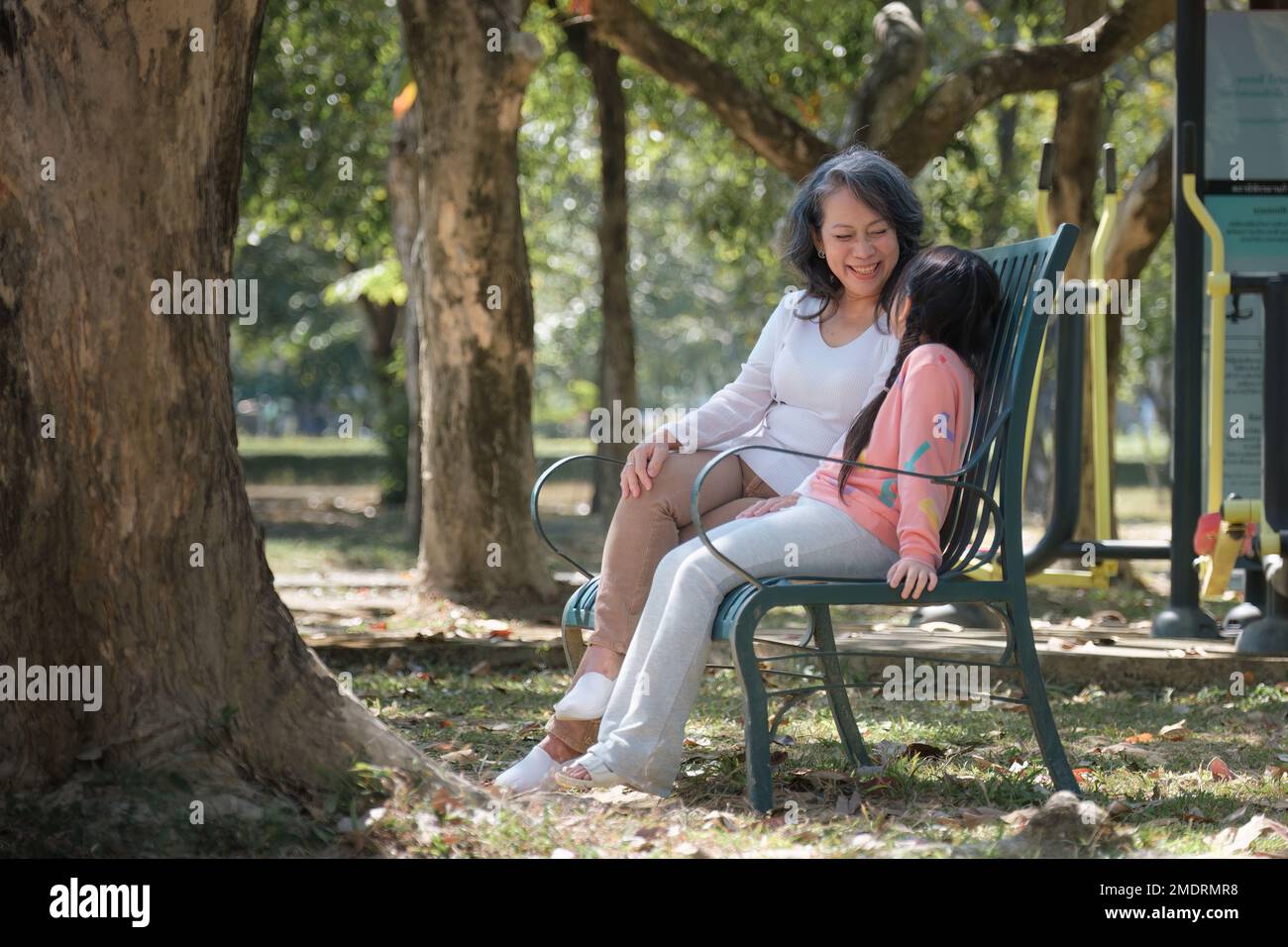 Asiatische Großmutter und Enkelin umarmen sich gemeinsam im Park. Hobbys und Freizeit, Lifestyle, Familienleben, Happiness Moment Konzept Stockfoto