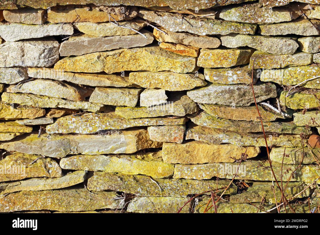 Dystonwand auf dem Land. Wand aus einheimischen Steinen und ohne Zement errichtet. Stockfoto