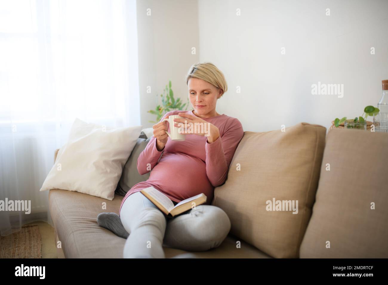 Schwangere Frau, die auf dem Sofa sitzt, Buch liest und eine Tasse Tee genießt. Stockfoto