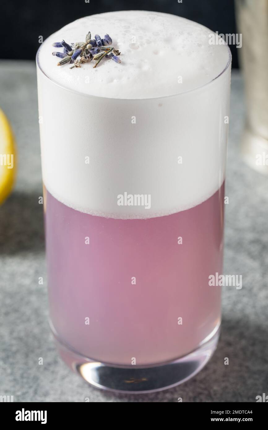 Boozy Purple Lavender Gin Fizz Cocktail mit Zitrone und Sodawasser Stockfoto