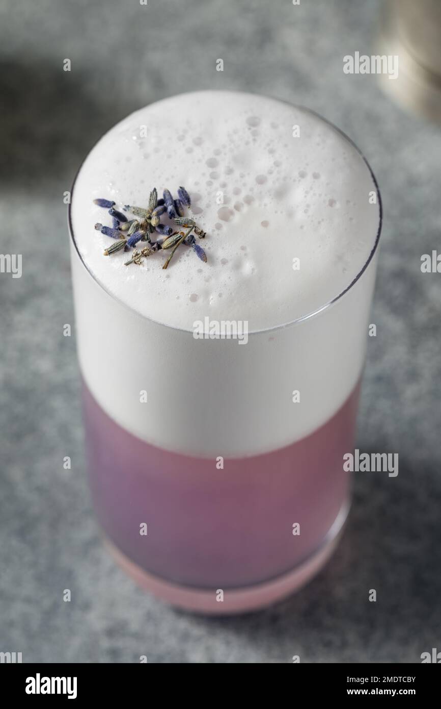Boozy Purple Lavender Gin Fizz Cocktail mit Zitrone und Sodawasser Stockfoto