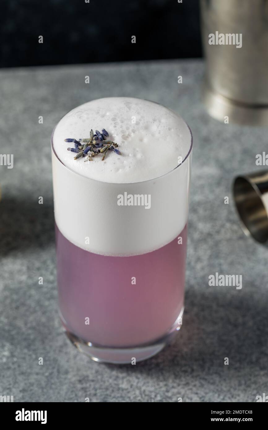 Boozy Purple Lavender Gin Fizz Cocktail mit Zitrone und Sodawasser Stockfoto