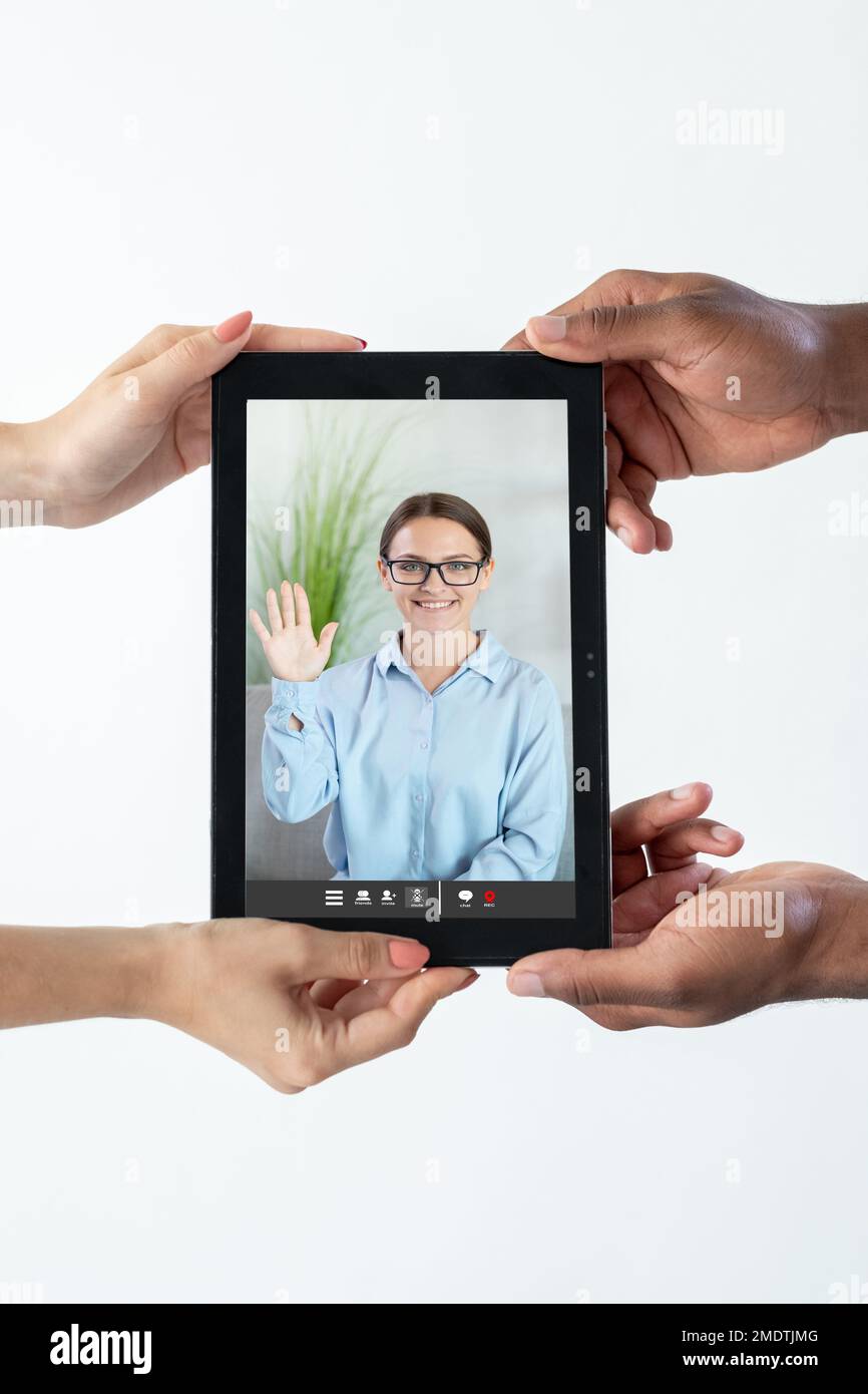 Videoberatungsexperte für Paare online Stockfoto