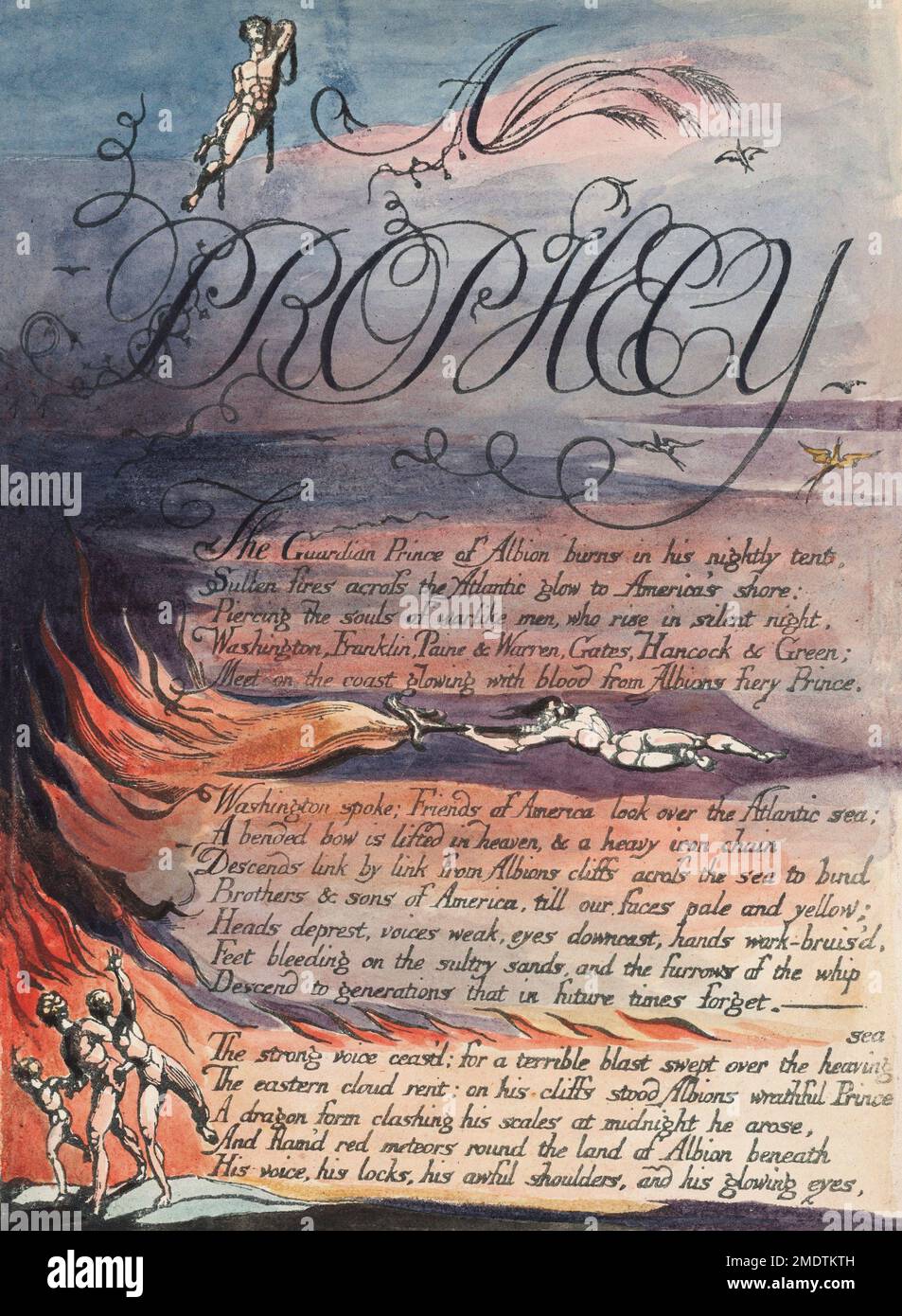 Illustration von William Blake aus seinem Buch America, Einer 1793 veröffentlichten Prophezeiung. Der Wächterprinz von Albion brennt in seinem nächtlichen Zelt Stockfoto