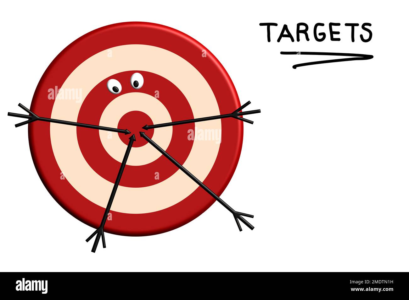 Zielwort und Zieltafel Googly Eyes and Arrows in the Bullseye, kreatives Konzept für Bestrebungen, Ziele, Ziele zu erreichen Stockfoto