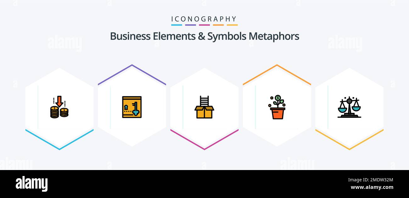 Geschäftselemente und Symbole Metaphern 25 FilledLine Symbolpaket einschließlich Saldo. Topf. Feld. Erfolgreich. Wachsen Stock Vektor