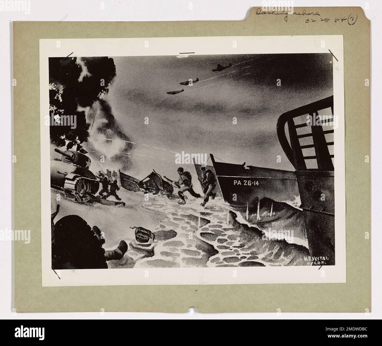 Dieses Kunstwerk des Kampfkünstlers Herman B. Vestal zeigt amerikanische Eindringlinge, die während der D-Day-Invasion die Strände Frankreichs stürmen. Das Bild zeigt die Dringlichkeit und Entschlossenheit der Soldaten, die von ihren Landungskähnen stürmen, um das Ufer bei schwerem Feuer zu sichern. Sie stellt den entscheidenden Moment des alliierten Angriffs auf das von den Nazis besetzte Europa dar. Stockfoto