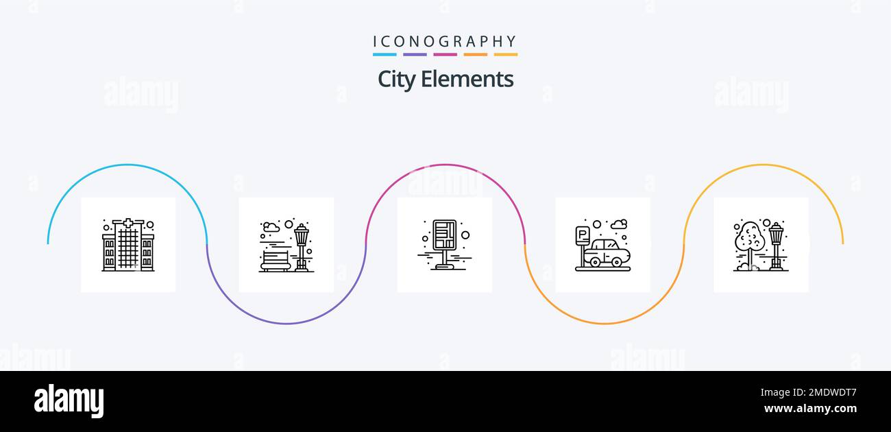 City Elements Line 5 Icon Pack inklusive Stadt. Verkehr. Stadt. Parken. Straßen Stock Vektor