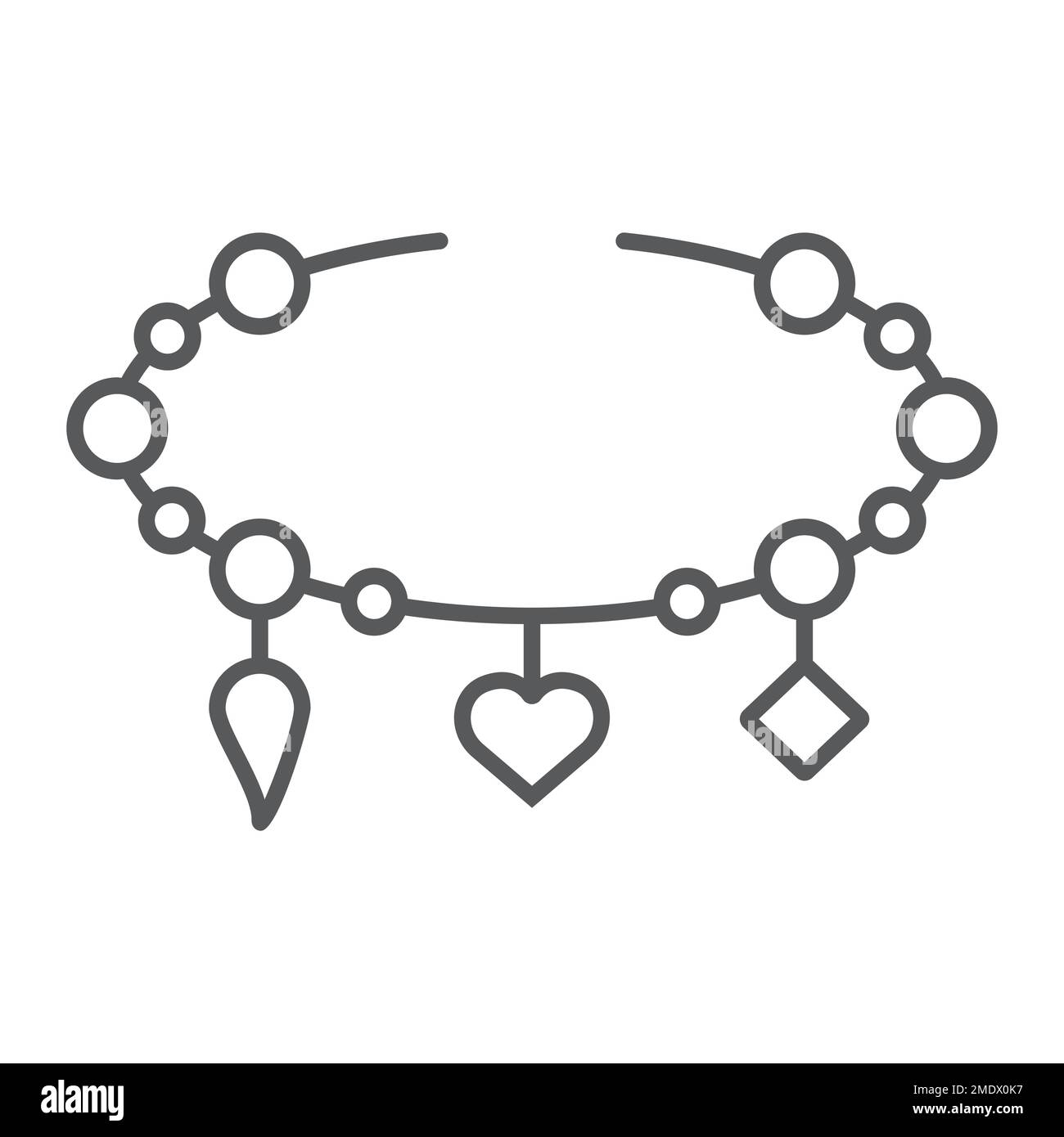 Armband mit dünnem Herzsymbol, Schmuck und Accessoire, Armband mit Anhänger Schild, Vektorgrafiken, lineares Muster auf weißem Hintergrund, Stufen 10. Stock Vektor