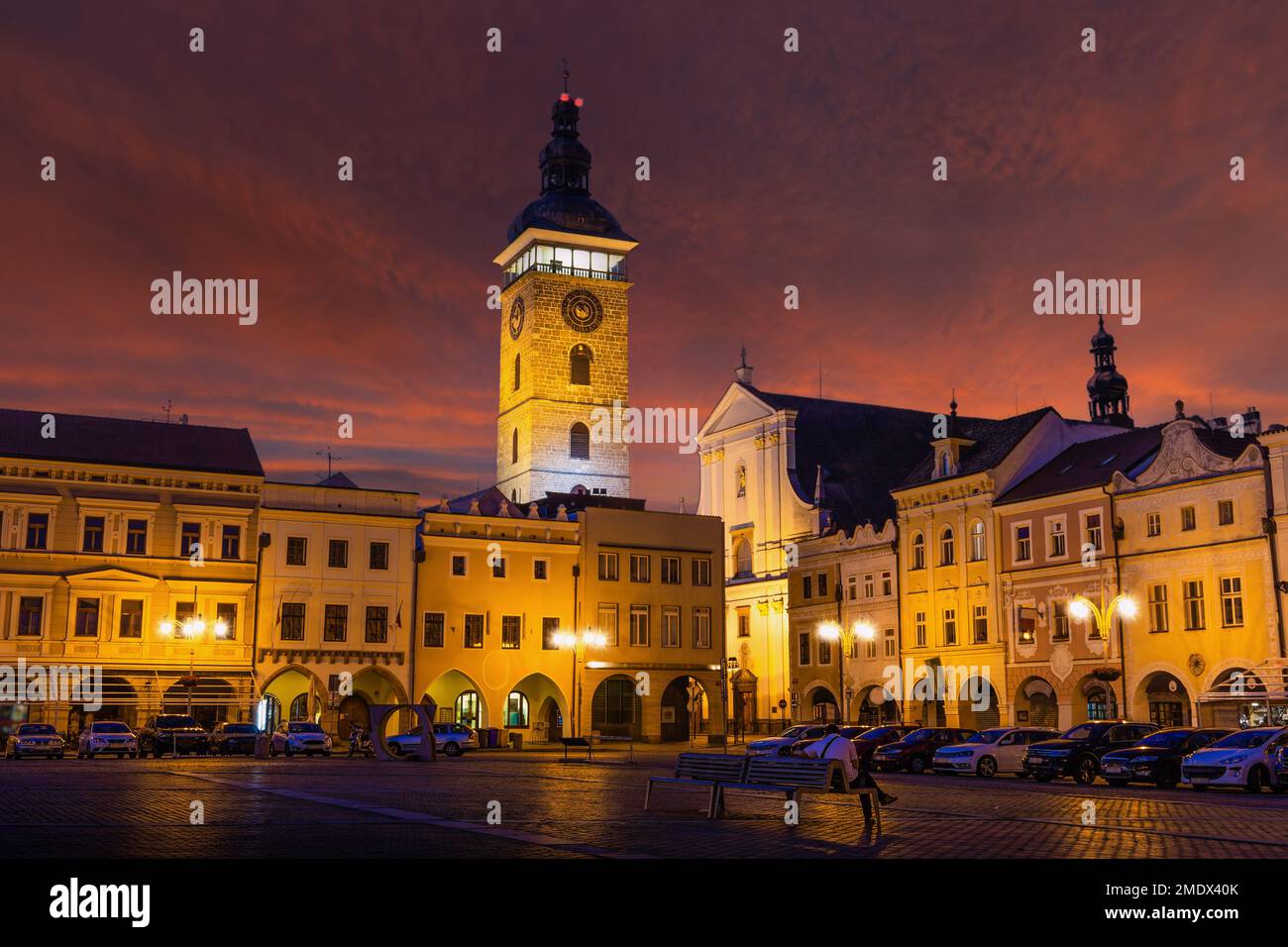 Historisches Zentrum von Ceske Budejovice bei Nacht, Budweis, Budvar, Tschechische Republik Stockfoto