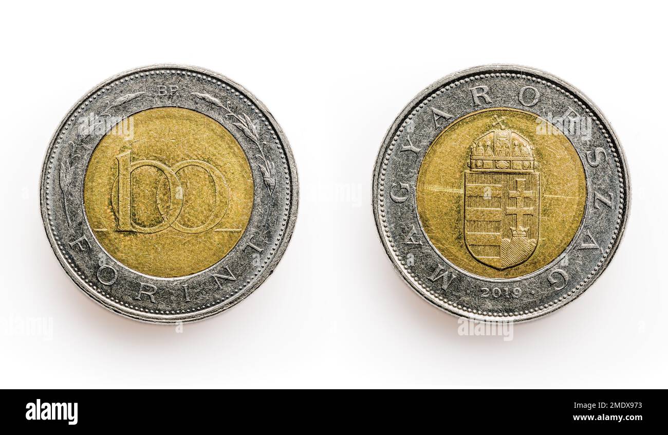 Vorder- und Rückseite einer ungarischen 100-Forint-Münze von 2019 Seite an Seite Stockfoto