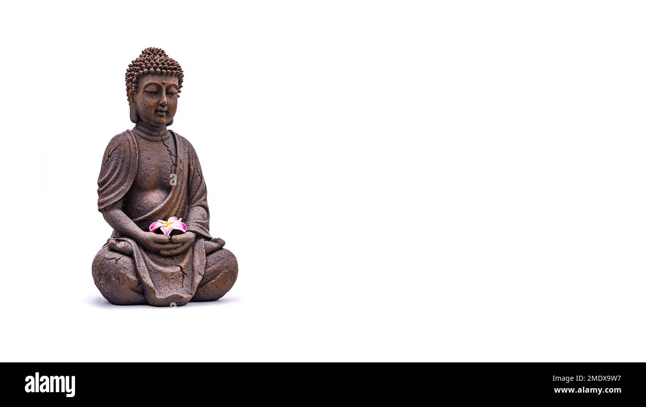 Eine Buddha-Figur, die im Lotus sitzt und mit Frangipani-Blüten gekürzt, als scharfe Studioaufnahme mit Fokussierung und Kopierbereich Stockfoto