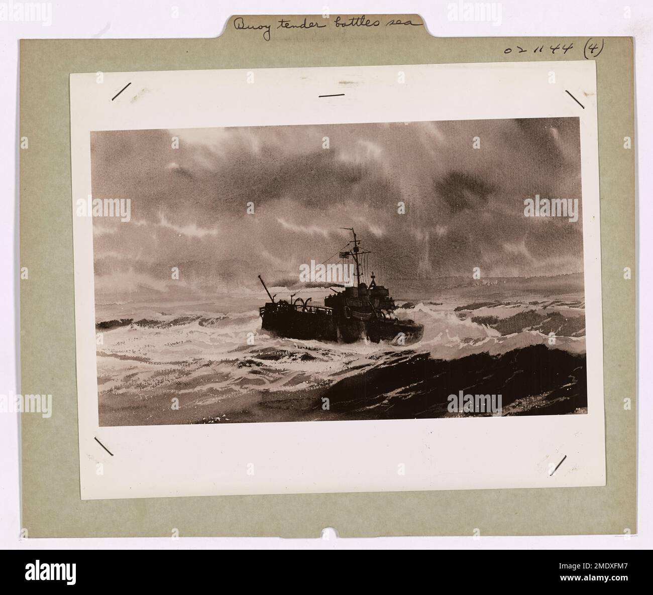 Ein bewaffneter Boje-Tender wird gezeigt, wie er bei einem Sturm im Atlantik schwere Meere bekämpft, wie er von Hunter Wood gemalt wurde. Die Widerstandsfähigkeit des Schiffes und seine Rolle bei der Gewährleistung der Sicherheit im Seeverkehr werden in dieser Darstellung von Unwettereinsätzen hervorgehoben. Stockfoto