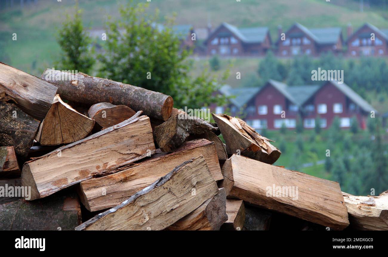 Ein Haufen Kaminholz Mit Holzhäuschen Im Hintergrund Stockfoto