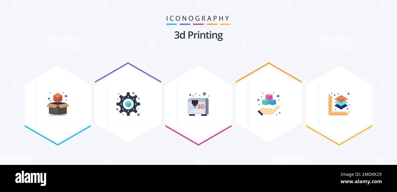 3D-Druck 25 Flat Symbolpaket mit . Drucken. Modellierung. Skaliert. Die Hand Stock Vektor