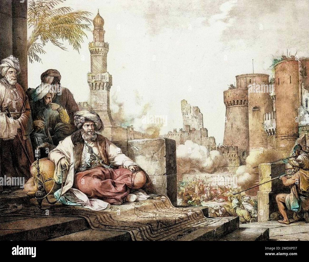 Le Massacre des mamelouks rebelles dans le Chateau du Caire en Egypte. Au Centre se trouve Mohamed Ali ou Mehemet Ali pasha (1769-1849), Vice roi d'Egypte. Gravure de 1819. "Voyage dans le Levant en 1817 - 1818". Paris Stockfoto