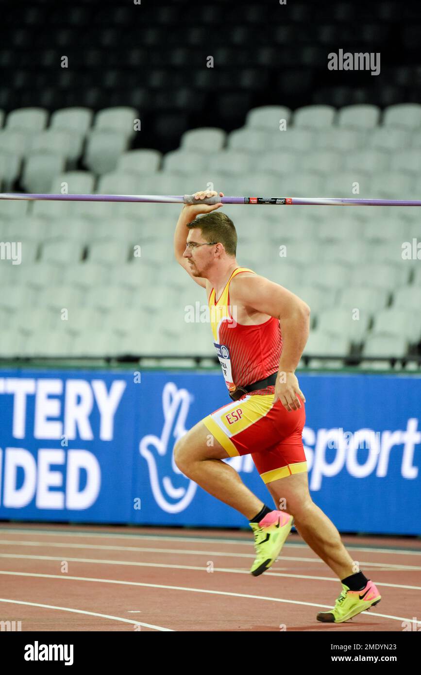 Héctor Cabrera Llácer nimmt bei den World para Athletic Championships 2017 in London, Großbritannien, am Javelin-Wurf-F13-Finale der Männer Teil. Spanischer Sportler Stockfoto