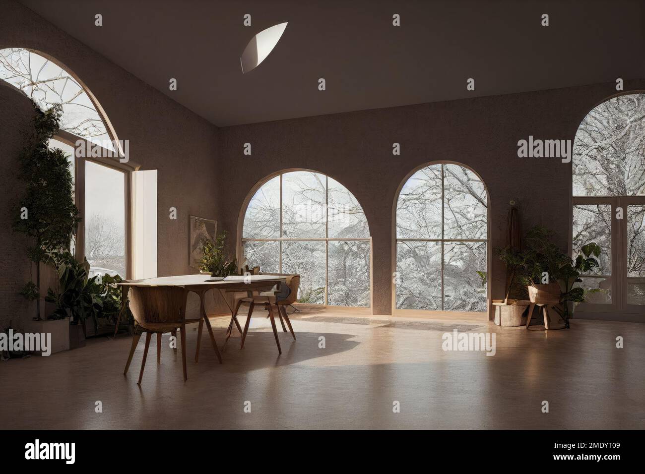 Ein luxuriöser spanischer Speisesaal mit großen modernen Fenstern im Bogen zur Golden Hour Stockfoto