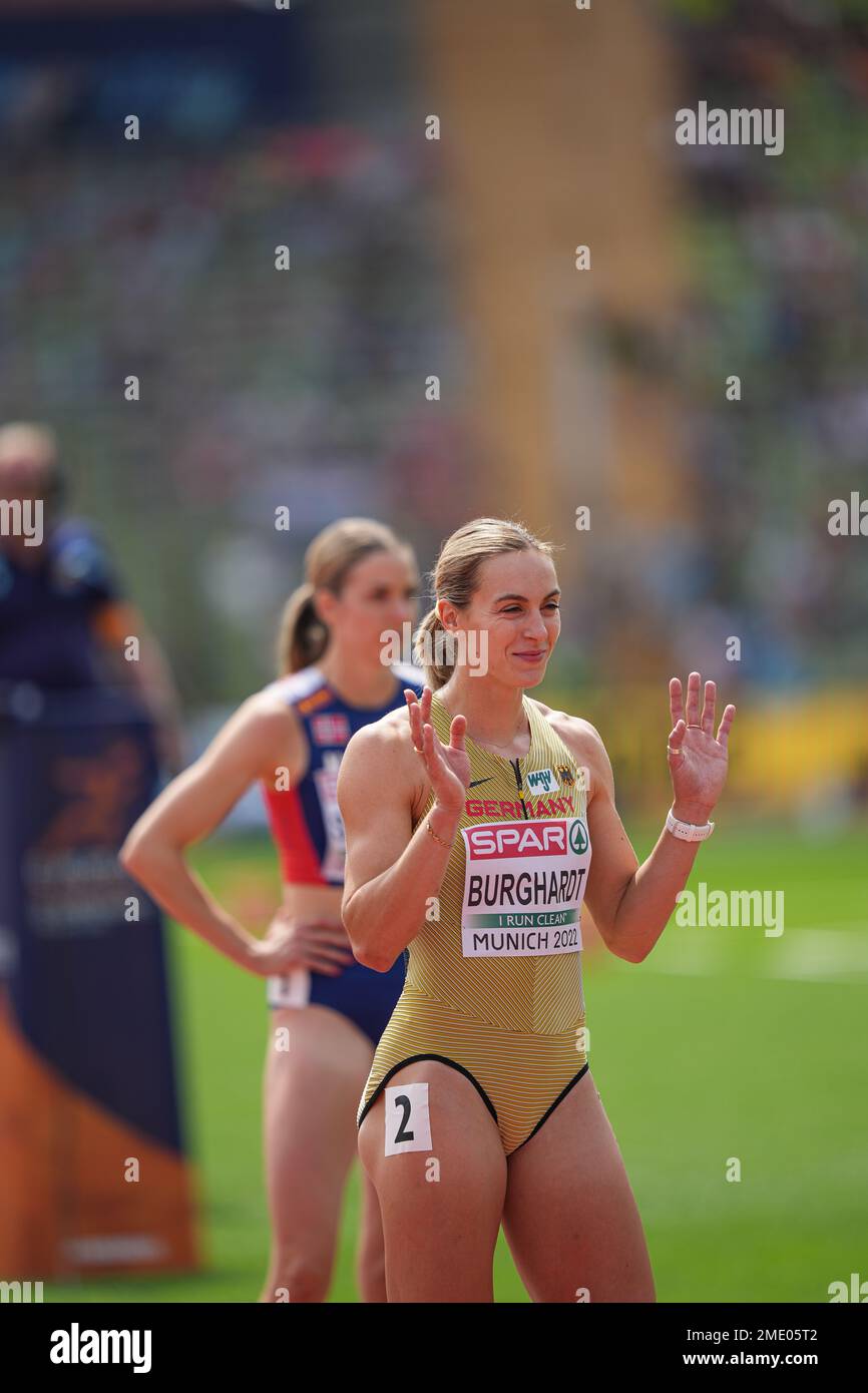 Alexandra Burghardt nimmt an den 200 Metern bei den europäischen Leichtathletikmeisterschaften 2022 in München Teil. Stockfoto