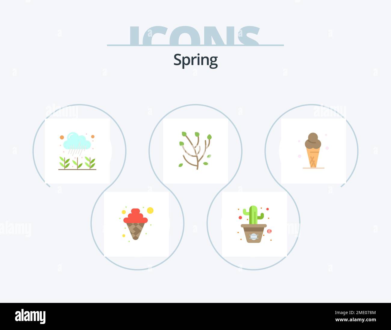 Spring Flat Icon Pack 5 Icon Design. Eis, Eis. Wachstum. Frühlingsblume. Eine Anemonblume Stock Vektor