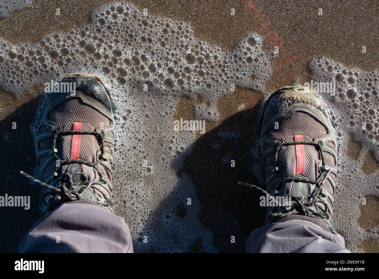 Wanderstiefel im Meerwasser - Blick nach unten Stockfoto