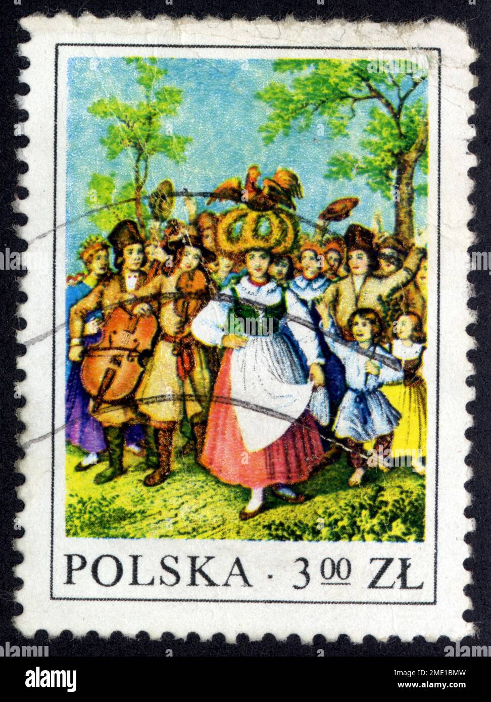 TIMBRE OBLITERE POLSKA. FOLKLOR. 3,00 ZL Stockfoto