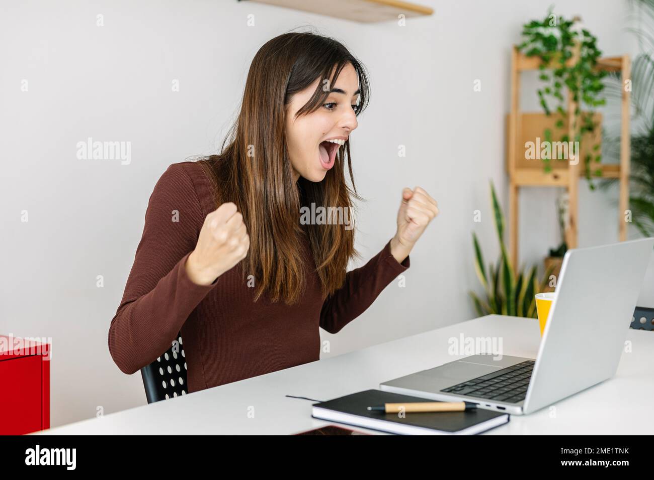 Glückliche junge Studentin, die gute Nachrichten feiert, während sie zu Hause ein Notebook verwendet Stockfoto