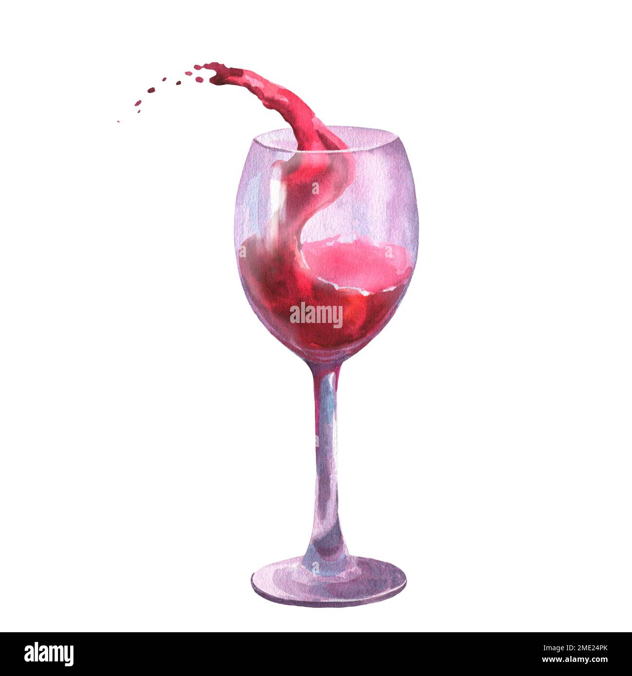 Aquarell Illustration isoliertes Bildglas mit Rotweinspritzern. Stockfoto