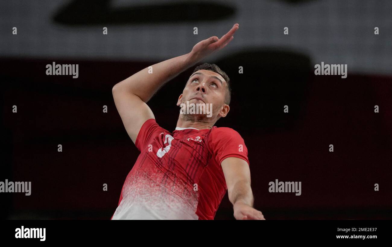 Tunisia's Khaled Ben Slimene during the men's volleyball preliminary round pool B match between Argentina and Tunisia at the 2020 Summer Olympics, Friday, July 30, 2021, in Tokyo, Japan. (AP Photo/Frank Augstein) Stockfoto