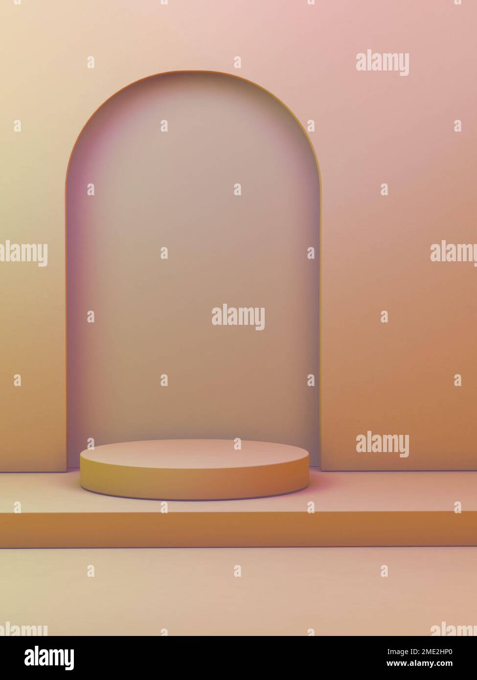 Minimalistischer Raum mit Bogen und Plattform. Digitale Illustration, 3D-Rendering. Stockfoto