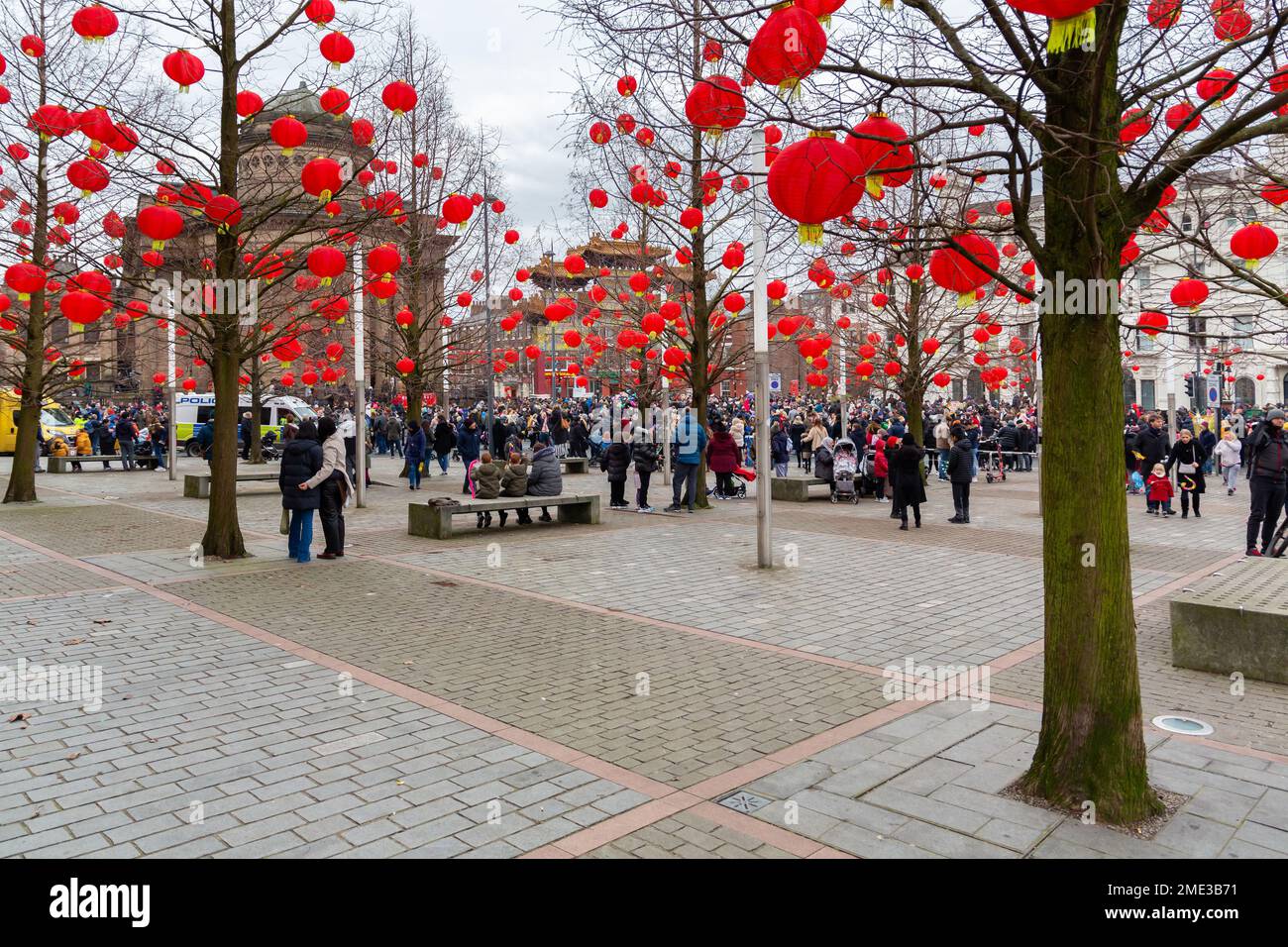 Liverpool, Großbritannien - Januar 22 2023: Bäume mit Laternen dekoriert, Lunar Festival, Chinesisches Jahr des Hasen, Great George Street Stockfoto