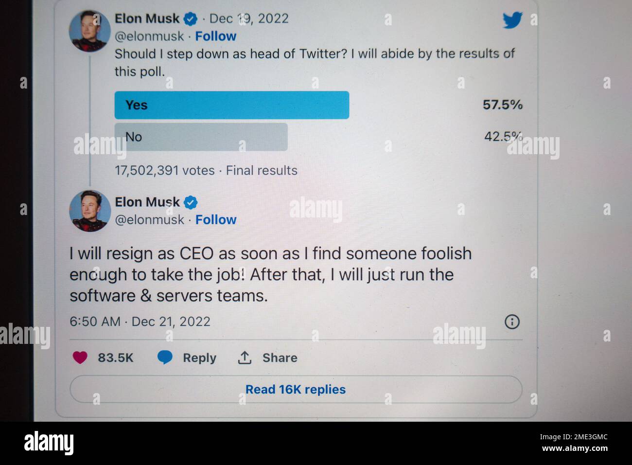 Elon Moschus twitter-Umfrage zum Rücktritt als CEO Stockfoto
