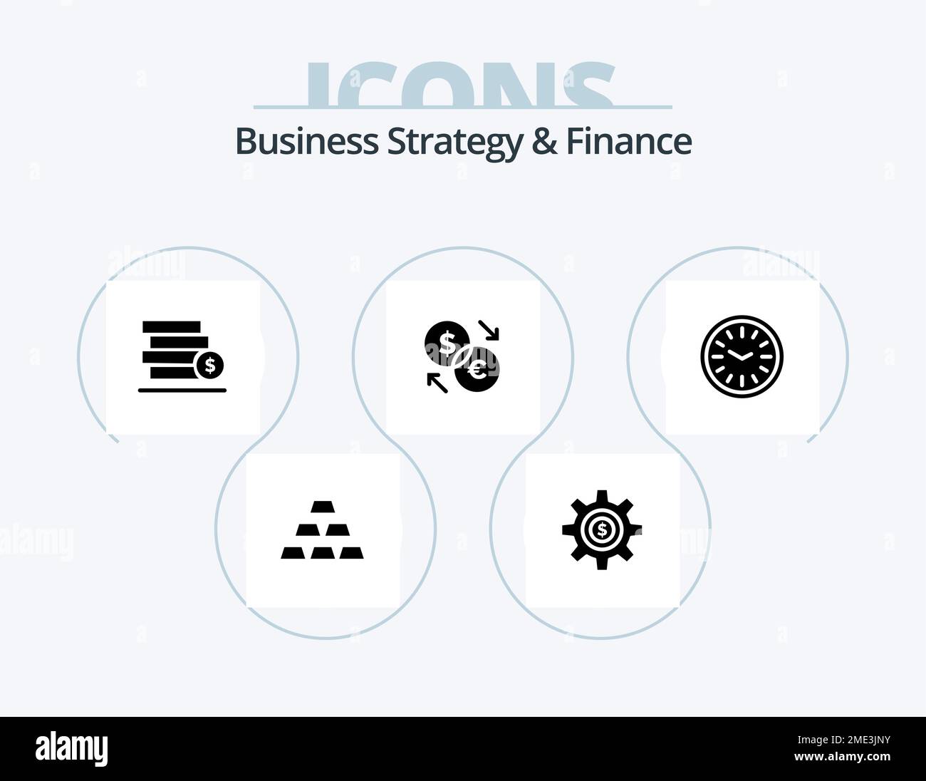 Business Strategy And Finance Glyph Icon Pack 5 Icon Design. Konverter . Speichern. Zahnrad . Dollar . Geld Stock Vektor