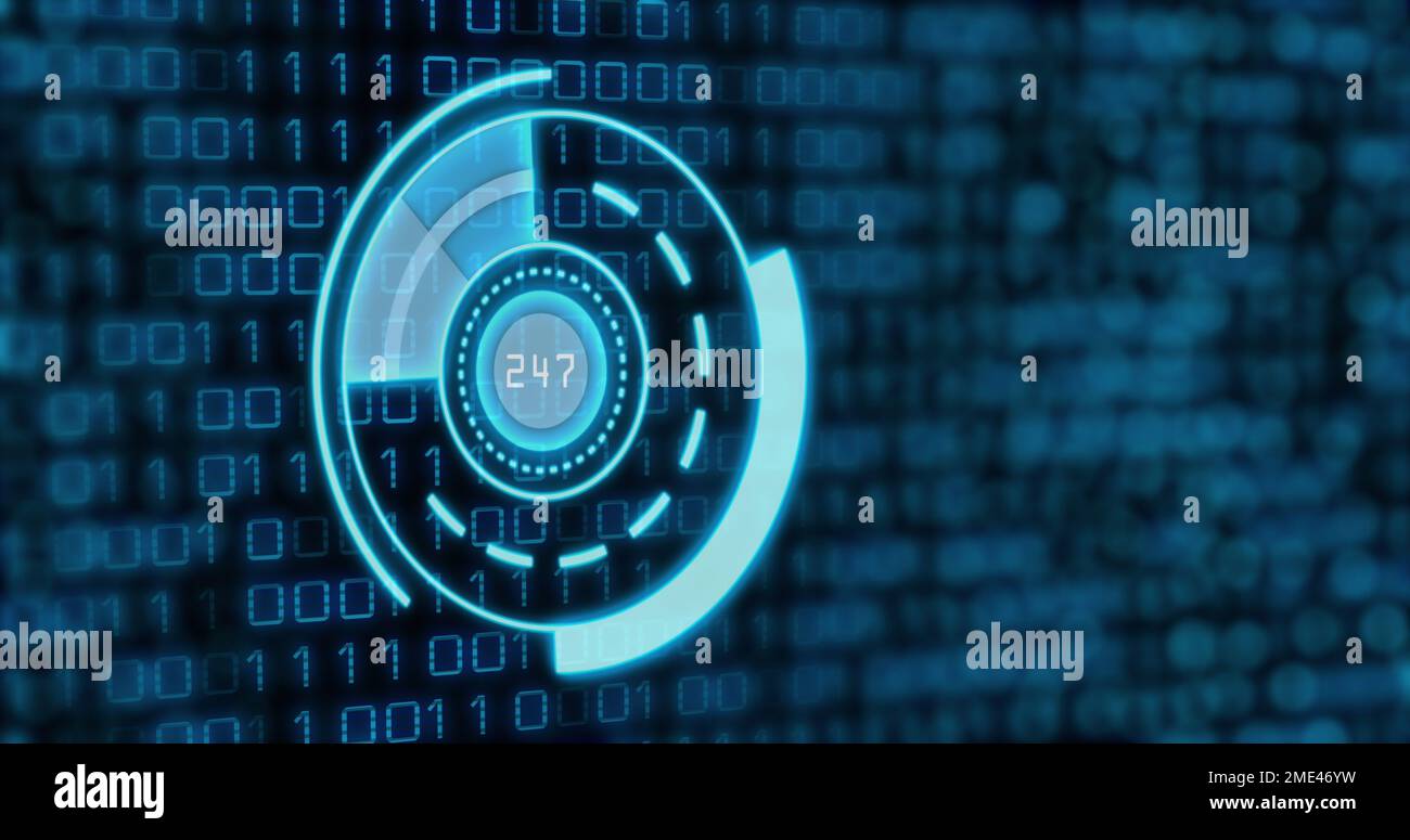 Abbildung: Blauer Kreis mit Zahlen über dem Binärcode Stockfoto