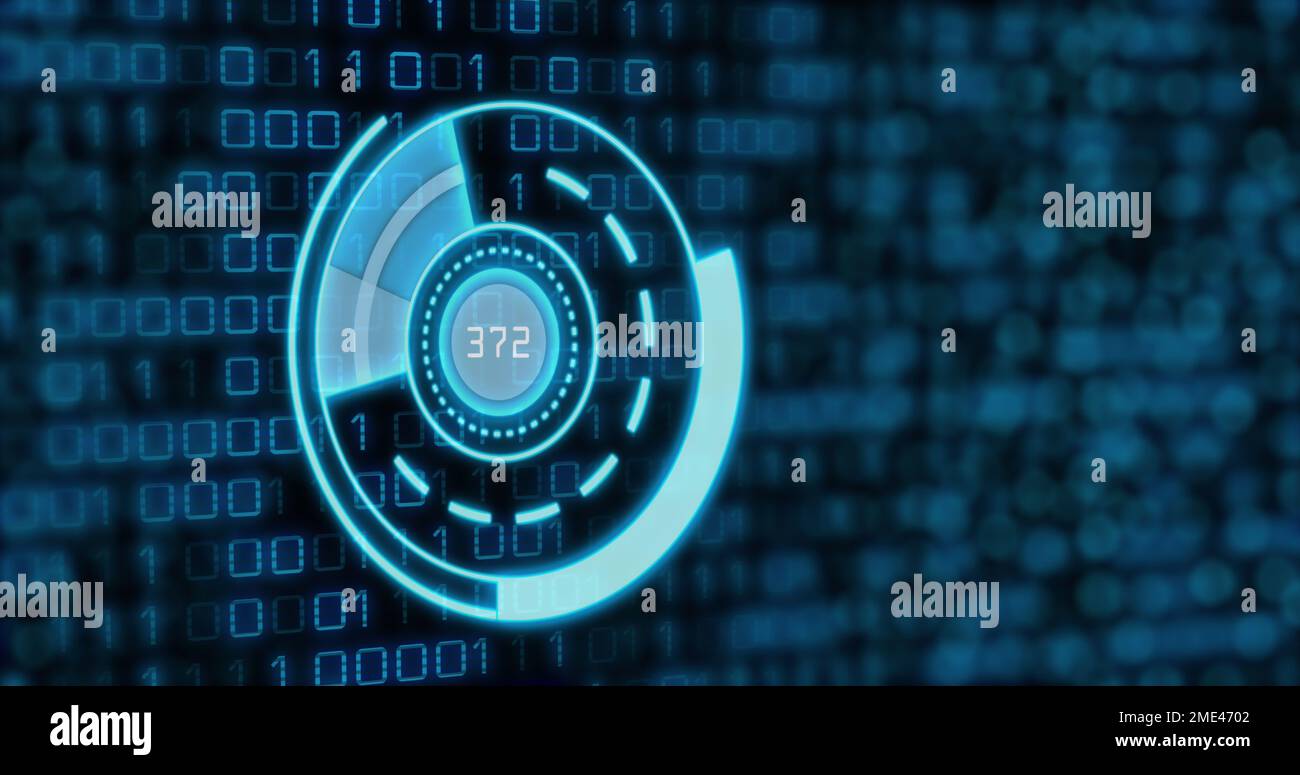 Abbildung: Blauer Kreis mit Zahlen über dem Binärcode Stockfoto