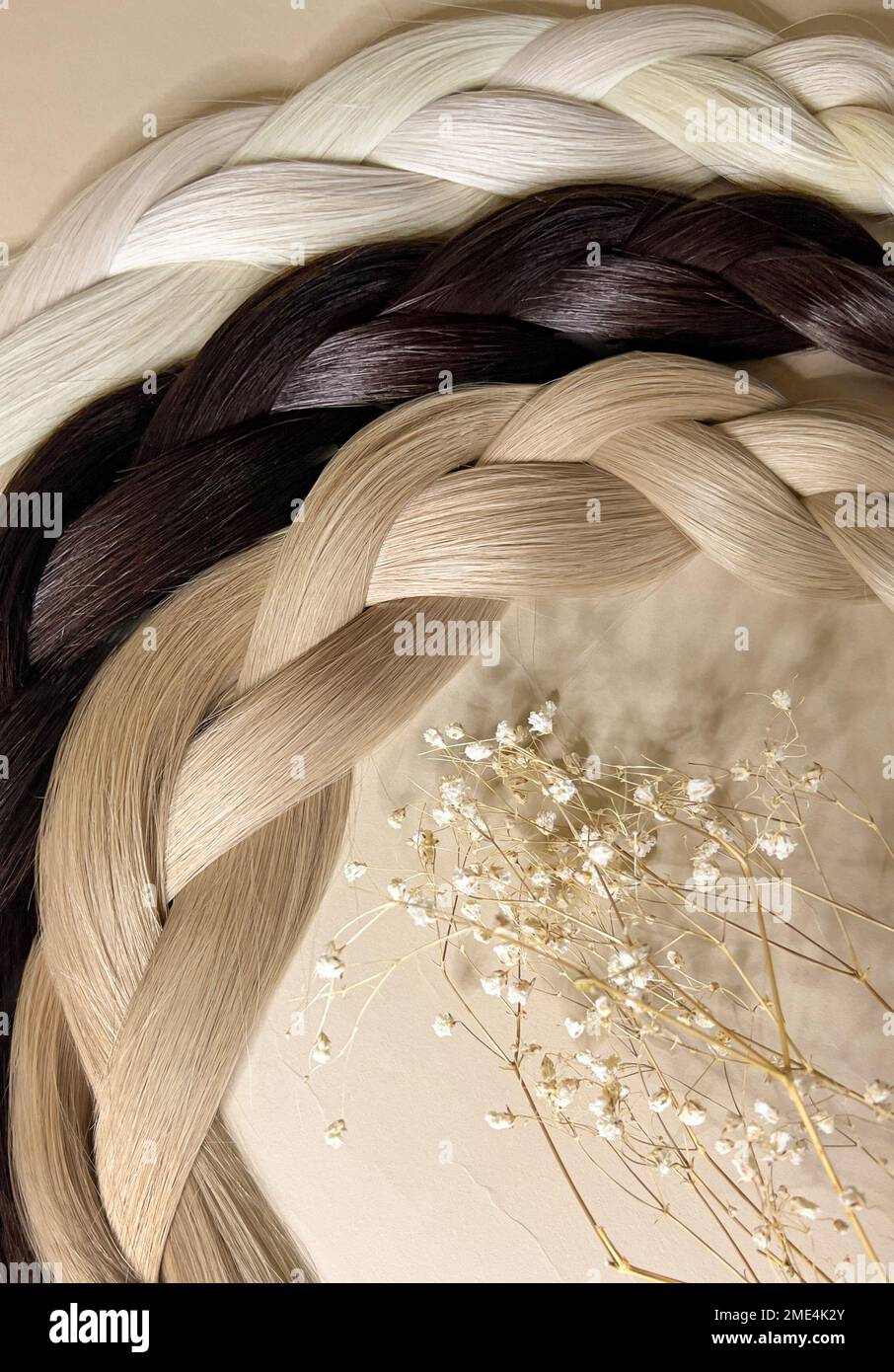 Strähnen aus natürlichem Haar in verschiedenen Farben für Verlängerungen. Haarfarbe. Nahaufnahme Stockfoto