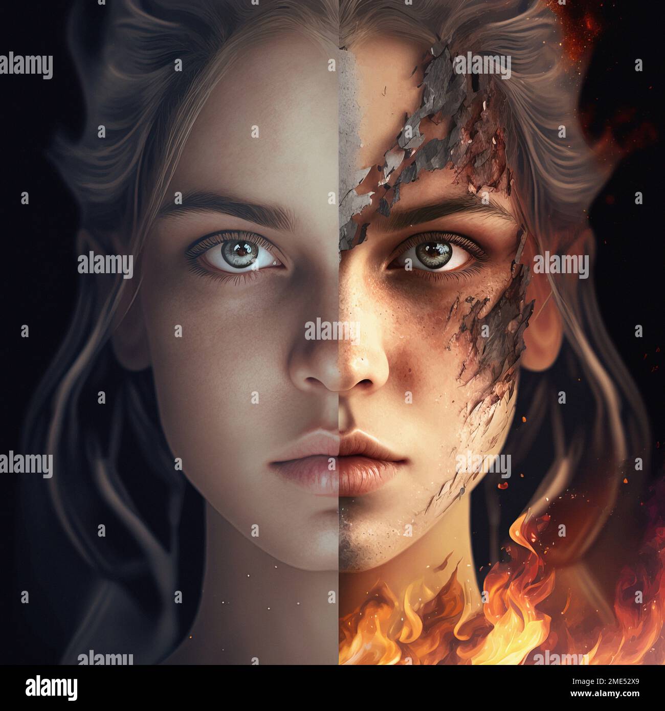 Zwei Seiten von Young Woman mit unterschiedlichem Gefühlszustand. Depression und gute Laune. Stockfoto