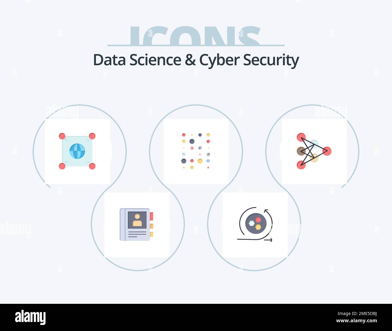 Data Science Und Cyber Security Flat Icon Pack 5 Icon Design. Tief. Scrince. Globus. Instrukturdaten. Unstrukturiert Stock Vektor