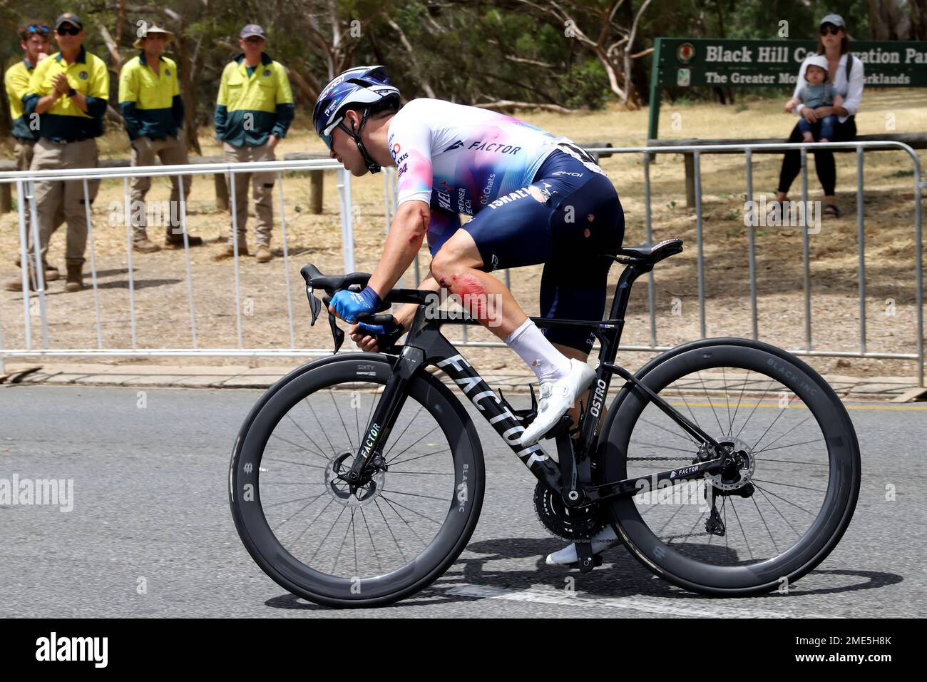 Ein verletzter Israel Premier Tech Rider vor der Ziellinie in Stufe 3 der 2023 Tour Down Under in Adelaide Australien Stockfoto