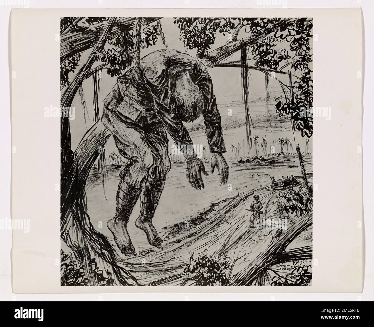 Japanischer Scharfschütze, getötet von Amerikanern. Dieses Bild zeigt ein Kunstwerk eines toten japanischen Scharfschützen, der an Seilen im Baum hängt, von dem er abgefeuert hat, gemalt vom Küstenwache-Kampfkünstler Omar G. Dawson. Stockfoto