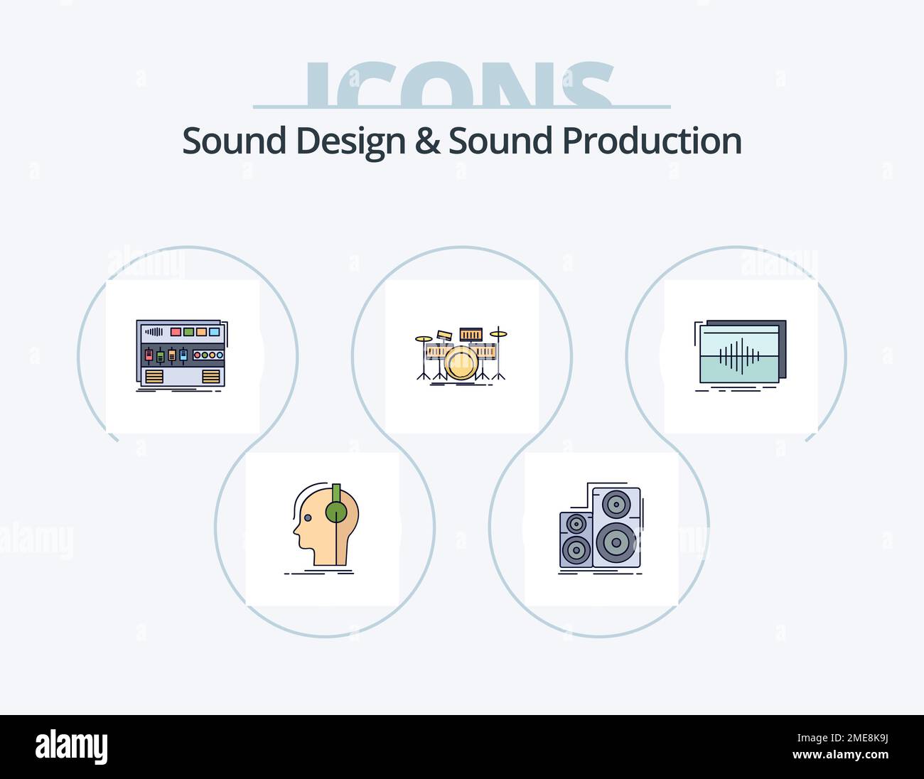 Sound Design Und Sound Production Line Filled Icon Pack 5 Icon Design. Mischen. Audio. Digital. studio. Mischer Stock Vektor
