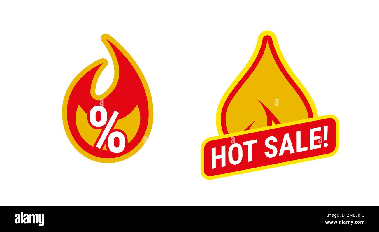 Zwei Vorlagen für „Hot Sale“-Embleme. Flammensymbole. Flache Vektordarstellung isoliert auf weißem Hintergrund. Stock Vektor