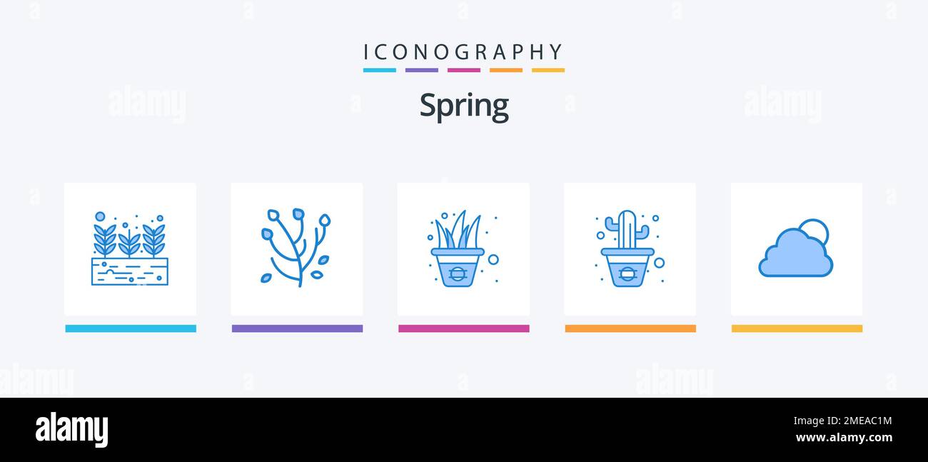 Frühlingsblau 5 Icon Pack inklusive Wolke. Linie. Blumen. Topf. Kaktus. Kreatives Symboldesign Stock Vektor