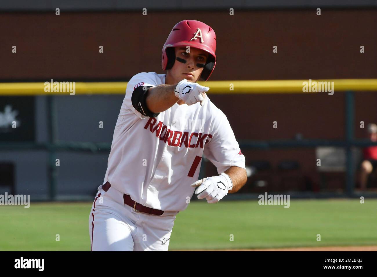 Arkansas batter Robert Moore (1) celebrates as he rounds the basses after hitting a home run against North Carolina State in the second inning of an NCAA college baseball super regional game Friday, June 11, 2021, in Fayetteville, Ark. (AP Photo/Michael Woods) Stockfoto